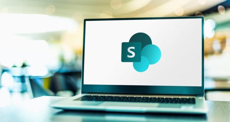 Picture of a laptop with a logo to show how SharePoint Helps Businesses|group of young men in an office using SharePoint|Call-to-action to contact TenHats