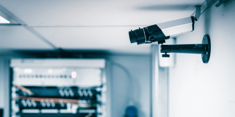 Cybersecurity camera looking for physical threats in a data center.|Data center specialist inspecting a data center rack.||