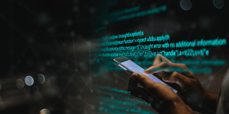 Cybersecurity facts and statistics|Person touching lock button hologram|Woman coding on computer