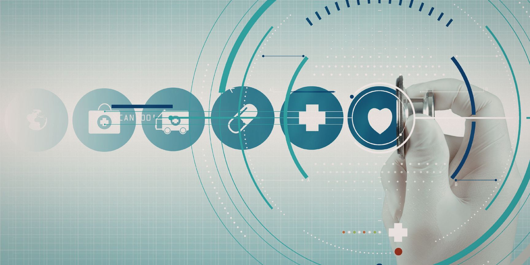 gloved hand holding a stethoscope up to a circle with heart