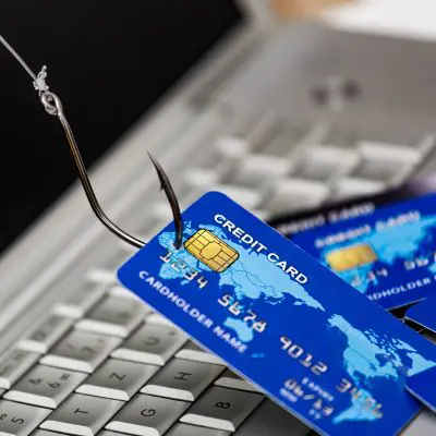 fish hook coming out of a laptop screen and pulling a credit card into the screen